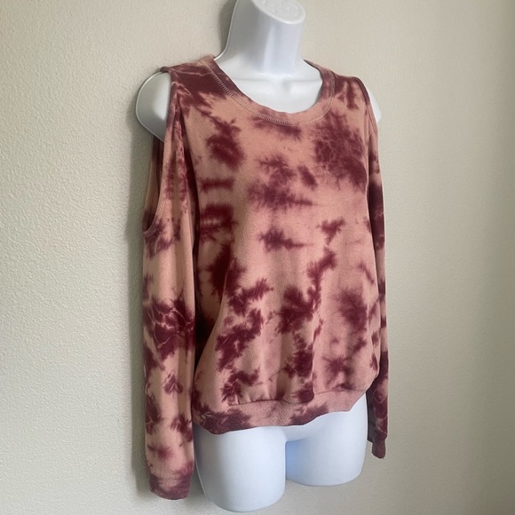 Sky & Sparrow Cold Shoulder Tie-Dye Sweatshirt Maroon Pink Pullover 50% Cotton - Picture 6 of 9